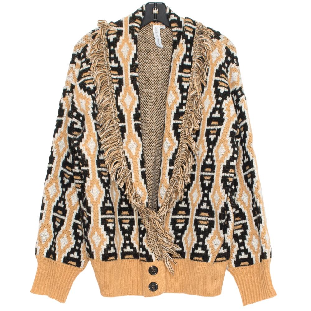 Cardigan Sweater Aztec Western Rustic Cozy Hygge Grandma Fringe Mustard Black 2X